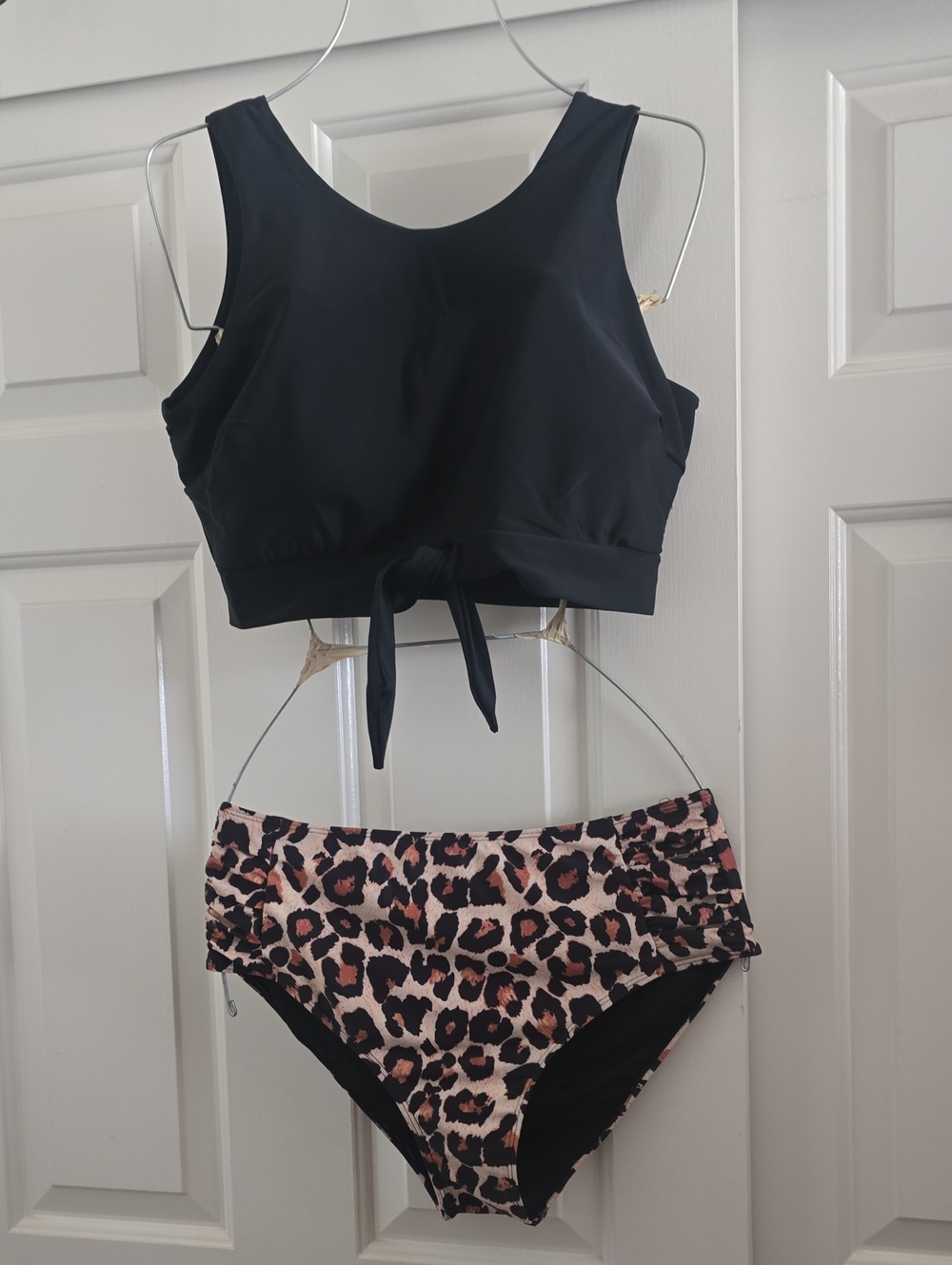 Women’s Two-Piece Swim Set - Black Top with Leopard High-Waist Bottom